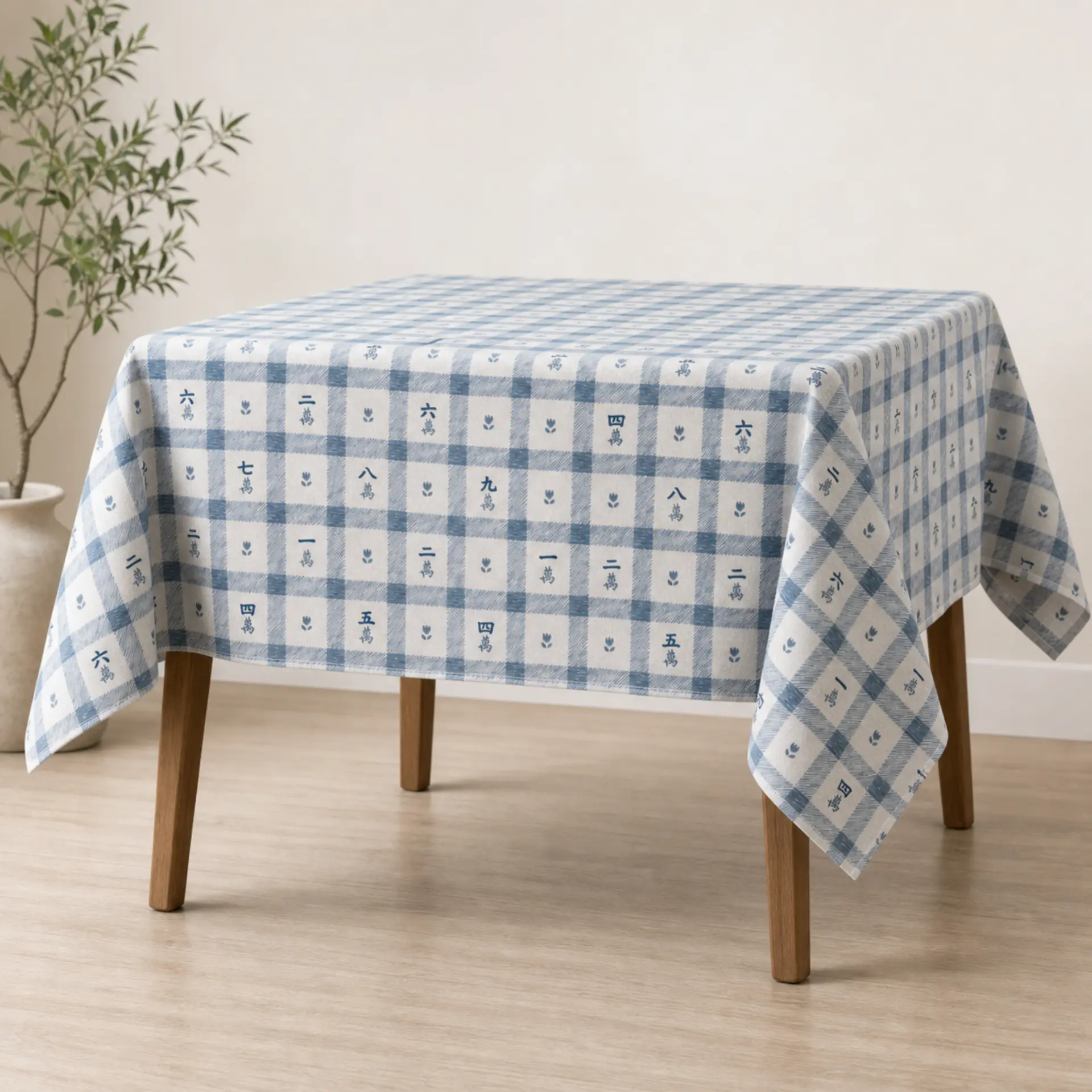 A blue gingham mahjong tablecloth draped over a table