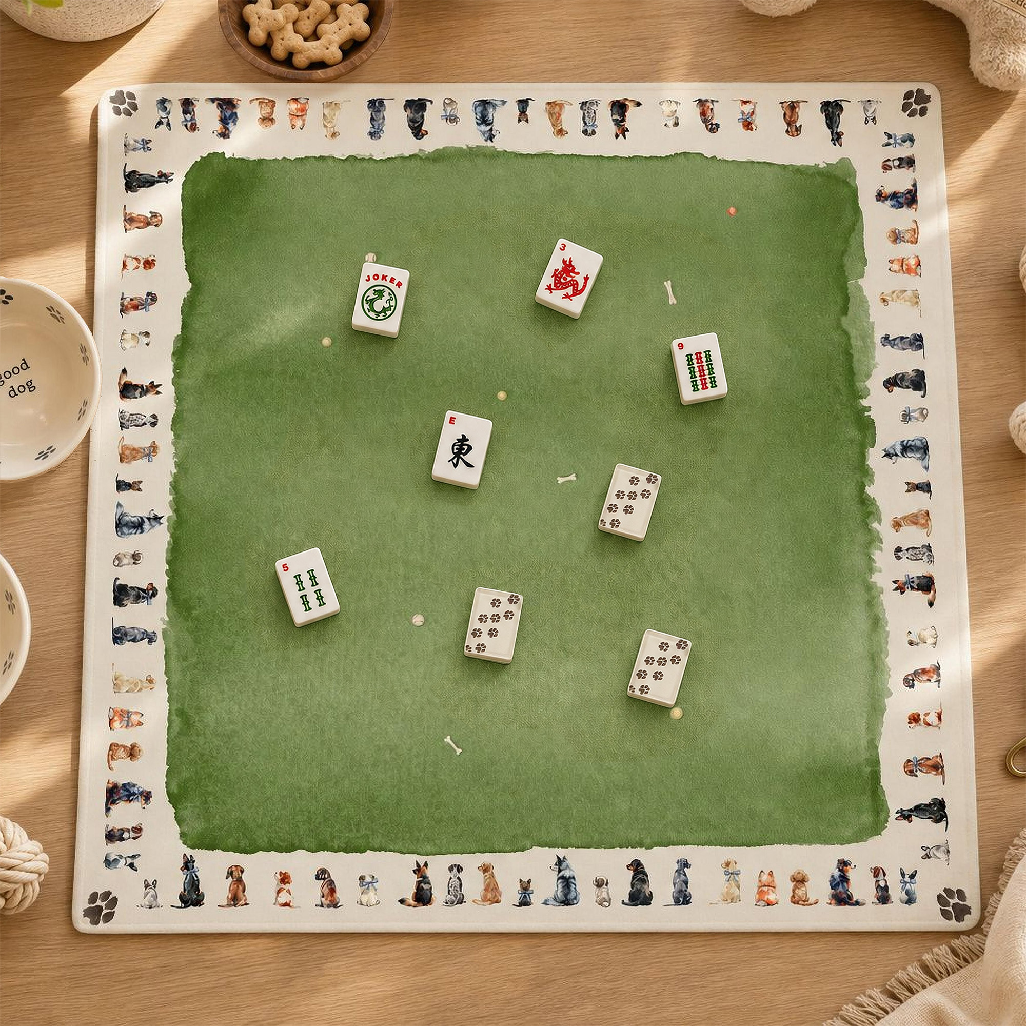 Dog-breed print mahjong mat with tiles