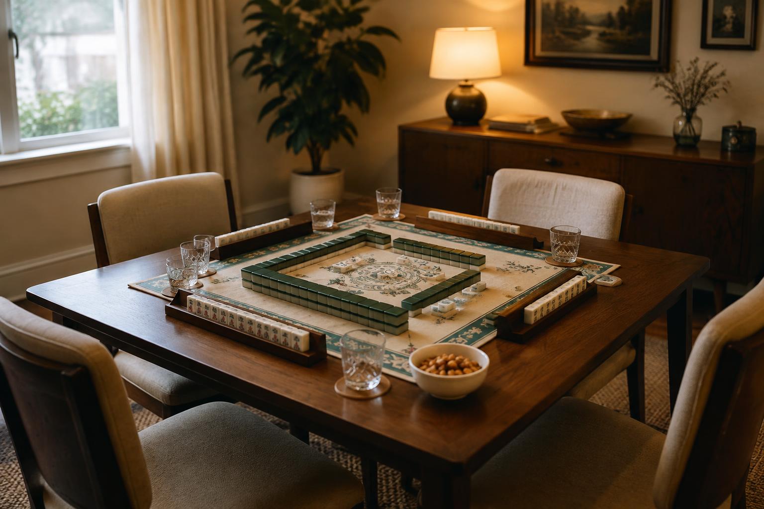 A dining table set up for mahjong night with four chairs, mat and tiles