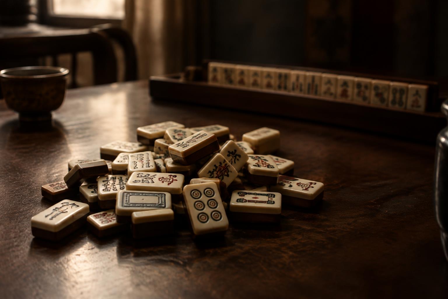 Discarded mahjong tiles piled face-up in the centre of a table