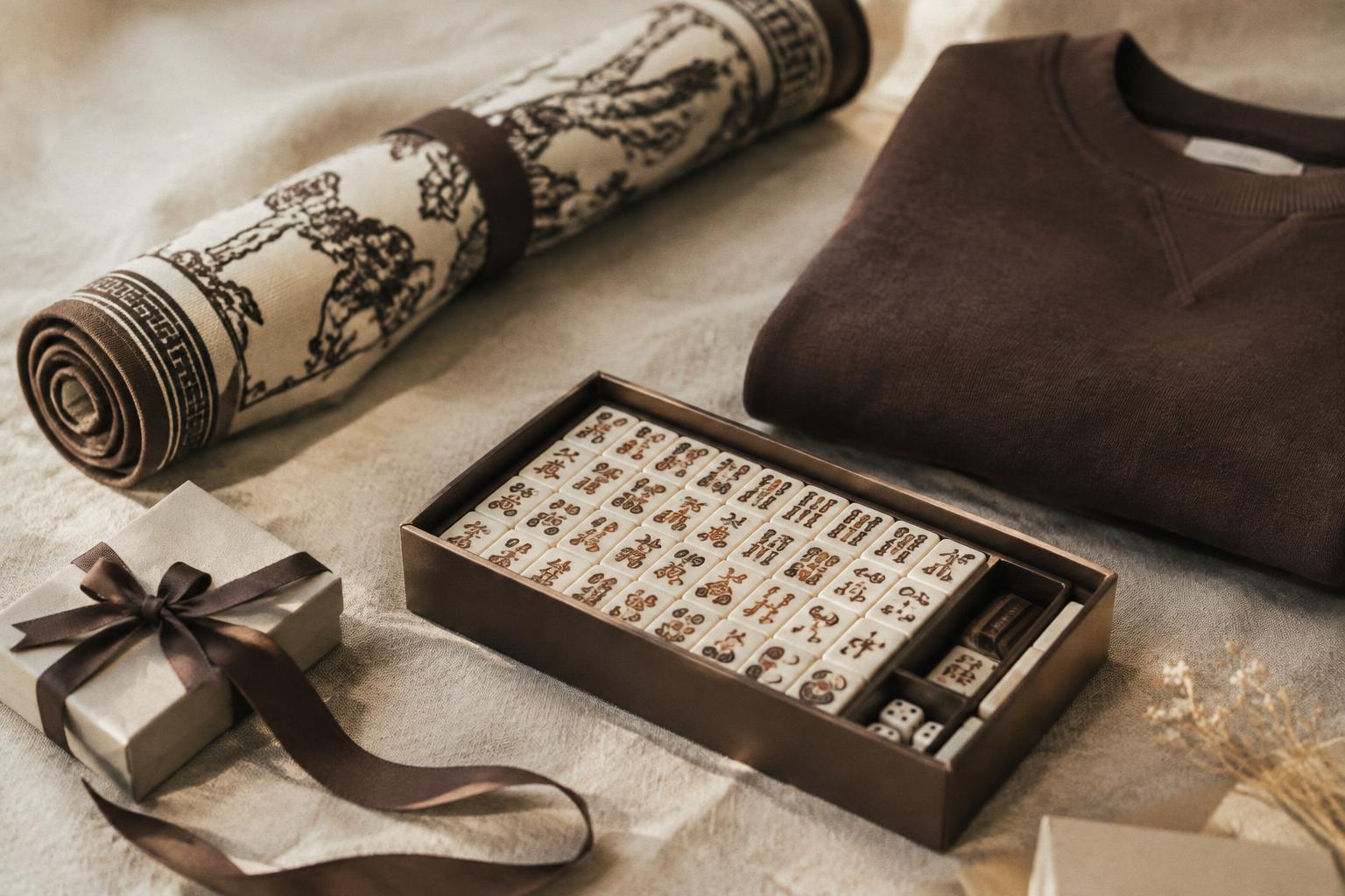 A rolled mahjong mat, tile set and folded sweatshirt arranged as gifts