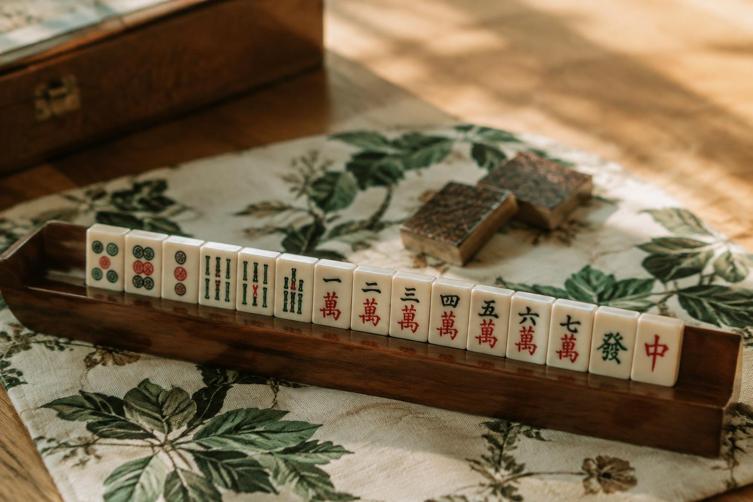 A mahjong hand of tiles resting on a rack beside a printed mat