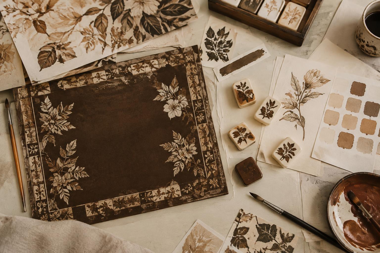 A print designer's desk with botanical pattern studies and mahjong samples