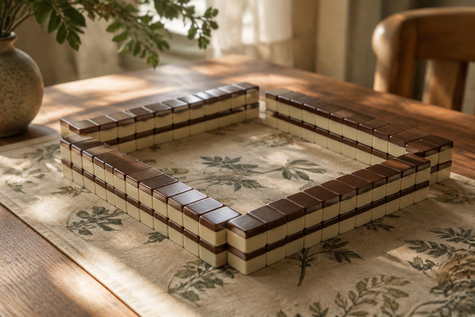 Four mahjong walls pushed together into a square on a printed mat