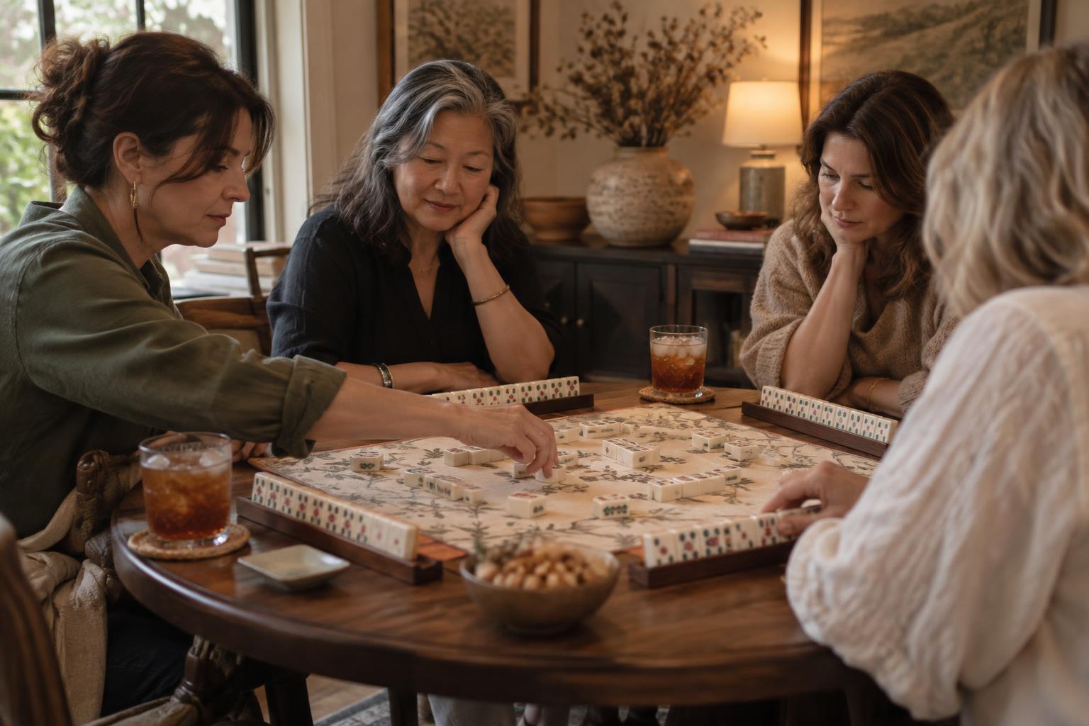 Four women gathered around a table mid-game of American mahjong